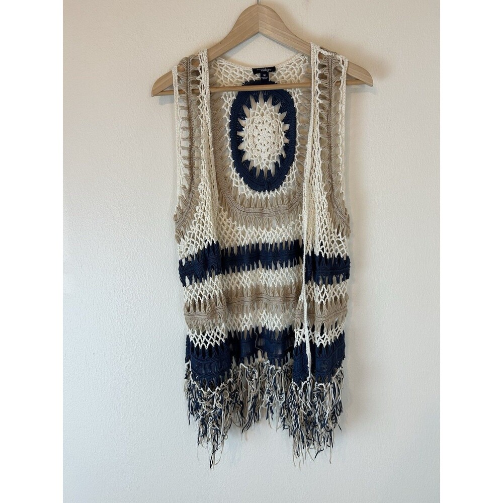 Indigo M Crochet Vest Fringe Open Southwest Boho Tribal Western Festival Rodeo